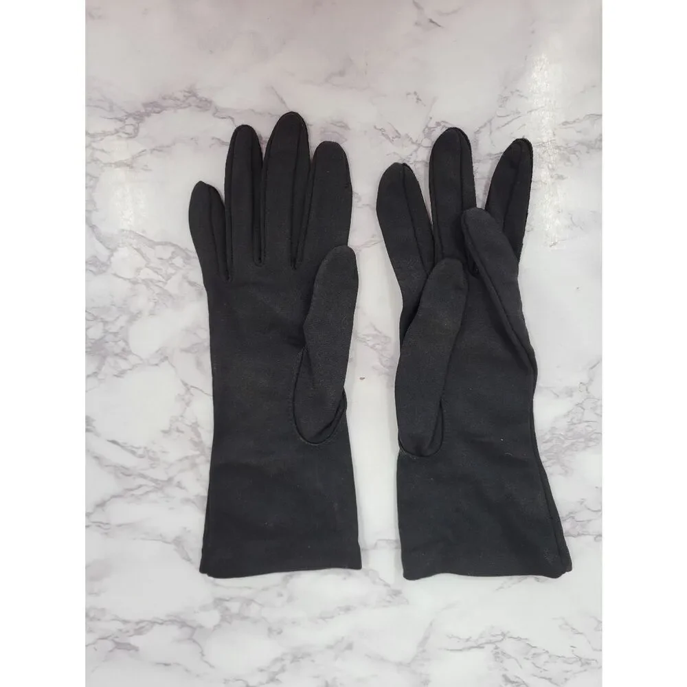 Vintage Nylon Classic Black Dress Driving Formal Gloves Satin Inset & Embroidery
